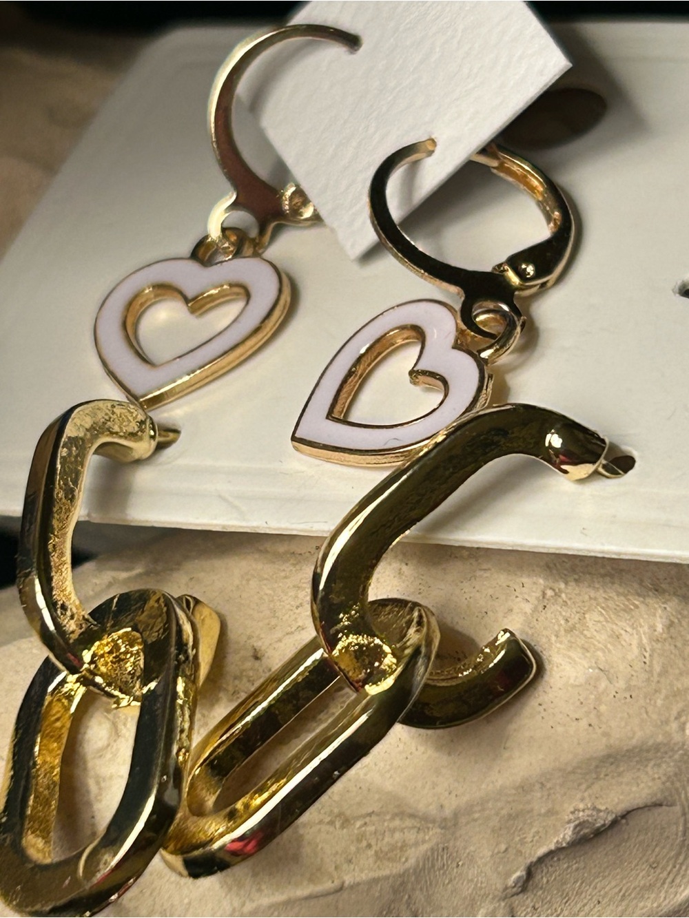 Set of 2 pierced earrings Gold Link Earrings and White Enamel Heart Charms NWT